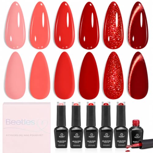 Image of Beetles Red Gel Nail Polish Set - Neon Flame Summer Shimmer Gel Polish, 6 Colors Coral Pink Cherry Red Burgundy Iridescent Gel Nail, Soak Off Uv DIY Manicure Set Gift for Women