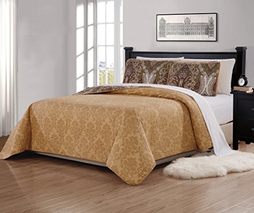 Fancy Collection 3 Pc Quilted Bedspread Over Size New (King/California King, Beige Brown Green Paisley) Taupe Reversible New #TOP1