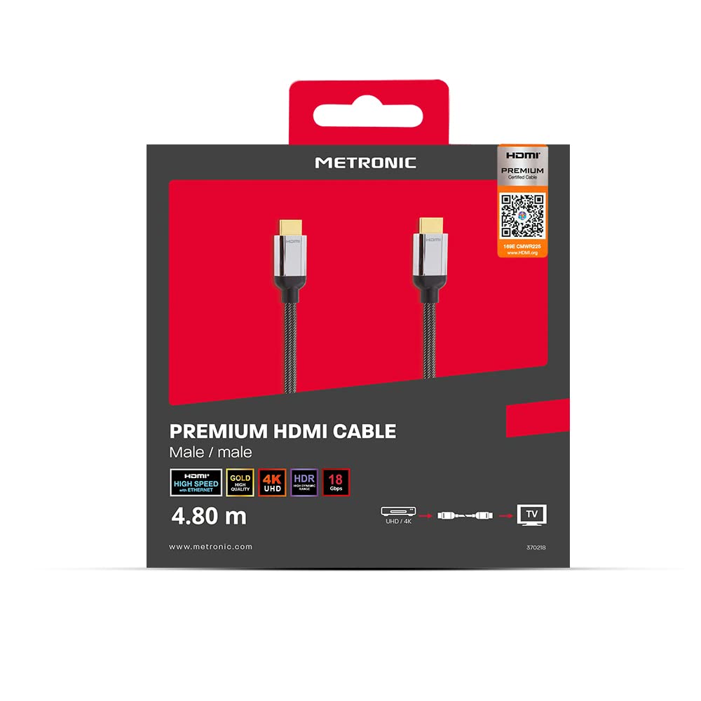 Metronic 370218 - Cable HDMI 4K, 4,80 metros, trenzado de nailon 4K@60Hz a 18Gbps, compatible 3D, función Ethernet, High Speed, video 4K 2160p, HD 1080p, macho/macho