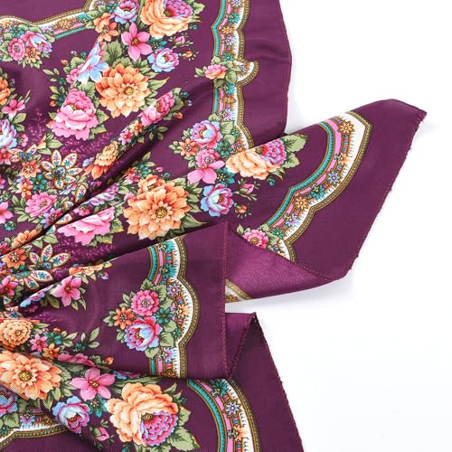 Floral Print Square Scarf, Russian Style Cotton Neck Scarves, colors such as black, red, purple, etc3