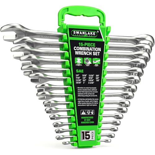 Image of SWANLAKE 15-Piece SAE Wrench Set, V Notch Premium Combination Wrenchs Set, SAE 1 /4 inch to 1-1 /16 inch, Max Torque, 12-Point, Chrome Vanadium Steel, with Storage Rack