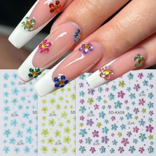 3Pcs Flower Nail Art Stickers 5D Embossed Summer Nail Decals