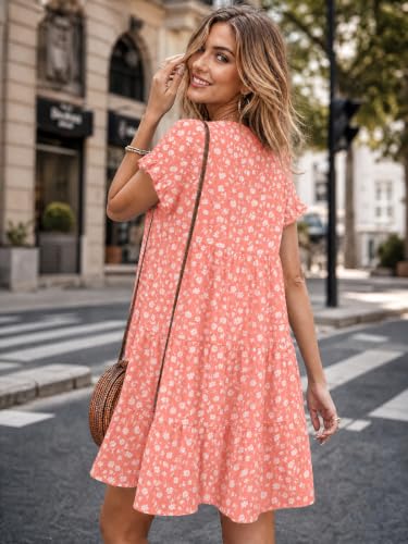 Image of Imysty Womens Boho Floral Ruffle Sleeve Babydoll Loose Flowy Casual Summer Pleated Mini Dress