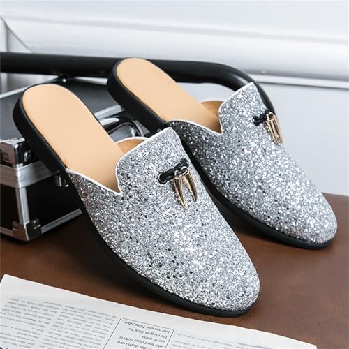 Men's Rhinestone Slip-On Leather Lined Smoking Mules Slippers Flats with Buckle Sparkling Round Toe Comfortable Backless Half Loafers for Casual Formal Party Events Wedding2