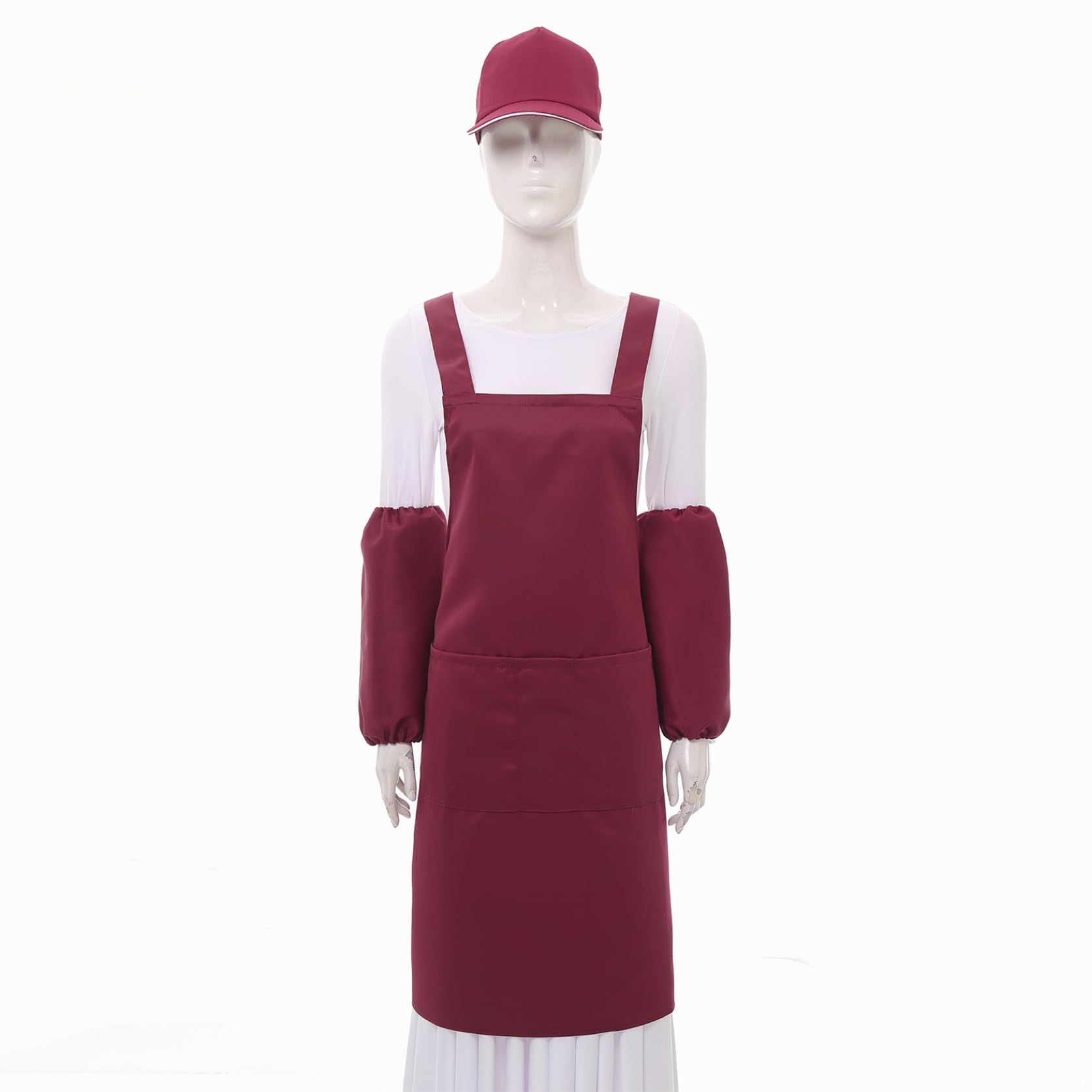 Eandarui Minimalist Chef Apron, Hat, Sleeve Covers - Ideal for Coffee Shops & Catering Services Burgundy One Size