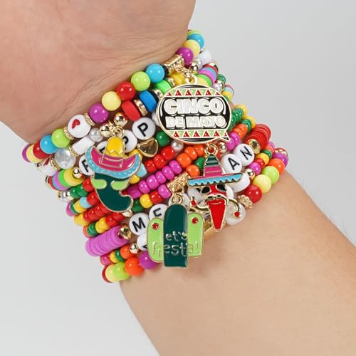 Lonext Cinco de Mayo Beaded Bracelet Stackable Mexican Fiesta Stretch Bracelet Holiday Sombrero Chili Pepper Pinata Festive Charm Bracelets2