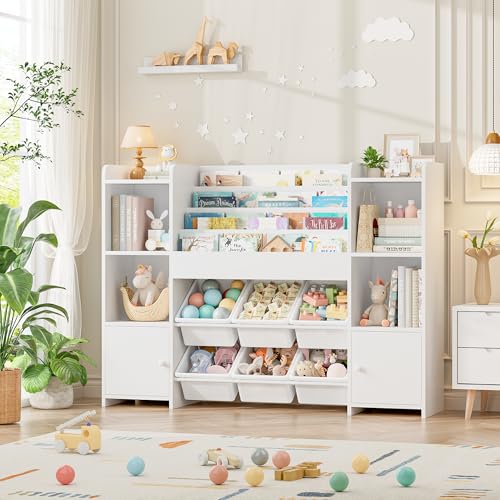 FINETONES Toy Storage Organizer with 6 Toy Bins, Toy Organizer Kids Bookshelf with 6 Cubbies, Toy Organizers and Storage Bins Playroom Storage for Kids Room, White