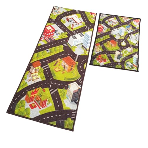 Image of Matz&More Kids Runner & Floor Mat Combo (50x120cm + 40x60cm), Anti Slip Nylon Carpet for Children's Bedroom, Playroom, Bathroom & Nursery, Car Track Green, Rubber Backed Kids Runner Rug