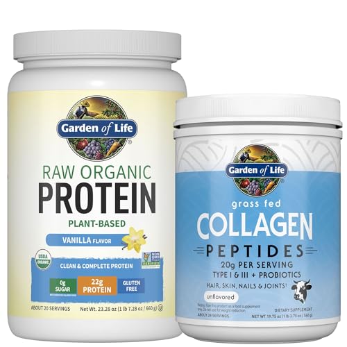 Image of Garden of Life Power Bundle - Collagen Peptides Powder for Hair, Skin, Nails & Joints, Unflavored, 28 Servings + Vegan Vanilla Protein Powder with BCAAs, Probiotics & Enzymes, 20 Servings
