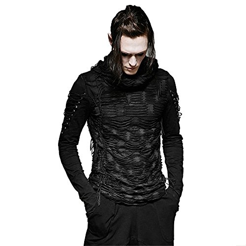 Gothic Men Hole T Shirt Punk Hoodies Ripped Casual Tee Tops Long Sleeve Black T-Shirt (M)
