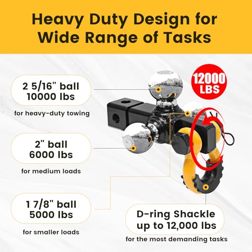 Image of MaxxHaul Adjustable Tri-Ball Hitch Mount with Rotating Tow Shackle & D-Ring Fits 2 inch Receiver 1-7 /8 inch 2 inch 2-5 /16 inch Balls 12000 lb Capacity 5 inch Drop Rise 51003