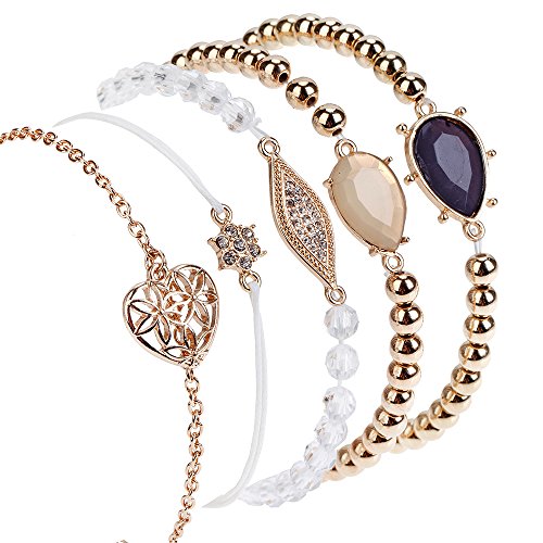Luxurious Set Kit With 5 Outstanding Golden Coloured Bracelets / Bangles With Acryl Beads / Pearls And Stones / Gems In