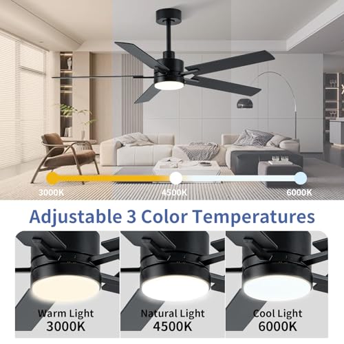 Image of LANMEL 52'' Black Ceiling Fans with Lights and Remote, 6 Speed Low Profile Modern Ceiling Fan with Quiet DC Motor for Indoor Outdoor Bedroom Living Room