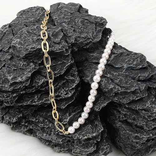 Pearl Necklace for Women Girls, Paper Clip Half Link Cross Disco Ball Pearl Chain Necklaces, Pearl Choker Chunky Necklace Dainty Pearl Chain OT Necklace Fashion Trendy Jewelry Birthday Gifts for Her3