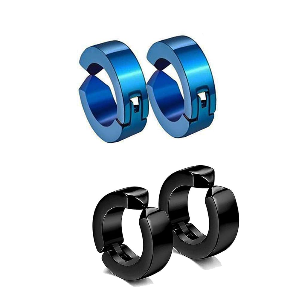 Trendy Blue And Black Round Shaped Press Non-Piercing Style Clip On Metal Barbell Earring Hoop Bali Stud For Men And Women. (2 Pairs)-image-48