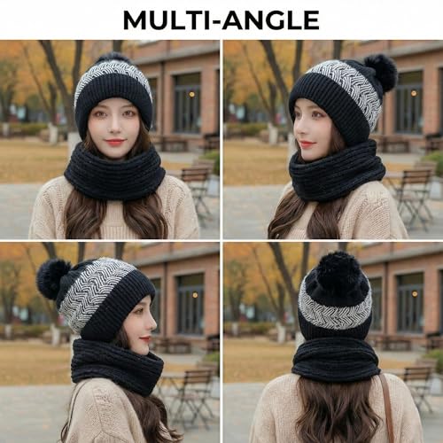 Image of Kraptick Women's Winter Cap and Scarf Set- Thick Fleece Lined Knitted Beanie Hat and Neck Warmer Muffler for Ladies, Stretchable & Soft Woolen Snow Proof for Extreme Cold -6