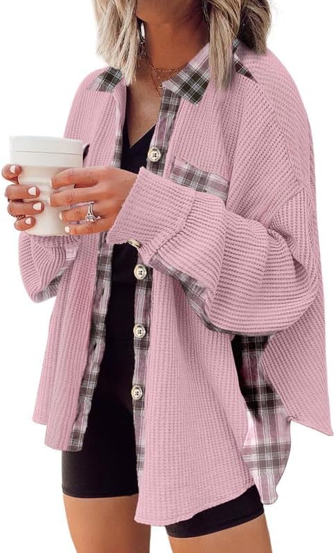 SHEWIN Womens Waffle Knit Plaid Shacket Boyfriend Button Down Shirt Jacket Loose Long Sleeve Tops
