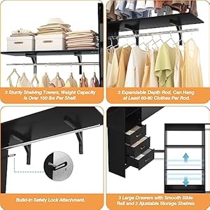 Armocity 96 Inches Closet System 8FT Walk In Closet Organizer with 3 Shelving Towers Heavy Duty Clothes Rack with 3 Drawers Built In Garment Rack 96 L x 16 W x 75 H Max Load 1000 LBS Black