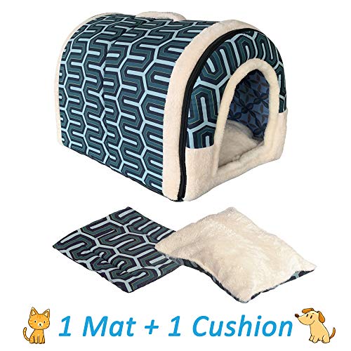 ANPI 2 en 1 para perro gato Igloo, plegable Máquina lavable cama del gato Cueva antideslizante caliente suave, 3 tamaños, Multicolor (M, rayas verdes)