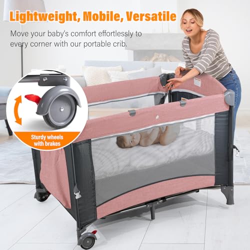 Image of Soobaby 5 in 1 Baby Crib,Baby Bassinet, Bedside Cribs, Pack and Play with Changing Table, Portable Travel bedToys & Music Box,Mattress for Girl Boy Infant Newborn (Pink)
