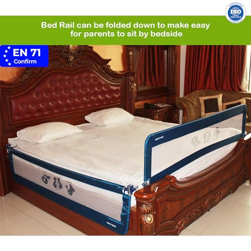 Image of SAFE-O-KID (1 Side Foldable Baby Bed Rail Guard (6FT /182CM) with 1 Year Warranty | Extra Tall Toddler Bed Safety Rail | Breathable Mesh |Child Fall Protection | Easy Installation | Blue