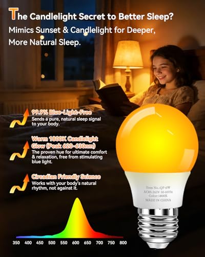 Image of 1800K Amber Sleep Light Bulbs, 99.96% Blue Light Blocking, A15 6W(40 Watt Equivalent) Soft Warm Light Bulbs, Eye-Caring Amber Soft Yellow Night Light E26 for Bedroom, Reading, Baby Nursery, 6 Packs
