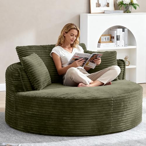 Image of Oversized Round Chair Lounge Chaise Indoor, 53.5 inch Upholstered Corduroy Deep Seat Single Cloud Sofa Chair, Fluffy Modern Large Circle Boneless Sleeper Sofa for Living Room, Bedroom, Green