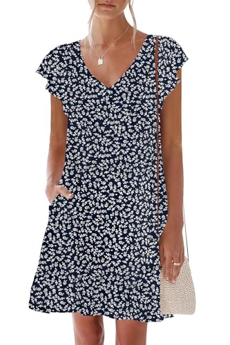 Image of nclook Womens Summer Casual Dresses Sweet Cute V Neck Mini Dress with Pockets Ruffle Short Sleeve