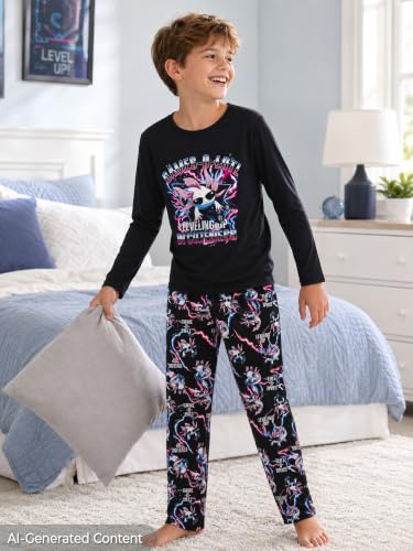 Image of Tebbis Boys Comfy Trendy Print Long Sleeve & Pants Pajama Set Sizes 6-18 | Lightweight Breathable Fabric, 2-Piece PJs, Trendy Printed Jammies for Little & Big Boys, Ideal for Lounging and Sleeping