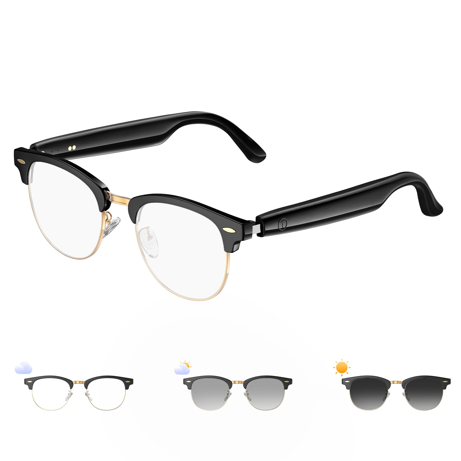 Smart Glasses, Photochromic Lenses Bluetooth Glasses, Blue Light Blocking, Open-Ear Speakers, Ligthweight Design Photochromic Sunglasses for Men and Women, Gold UF-C8 Ultra (No translation function)