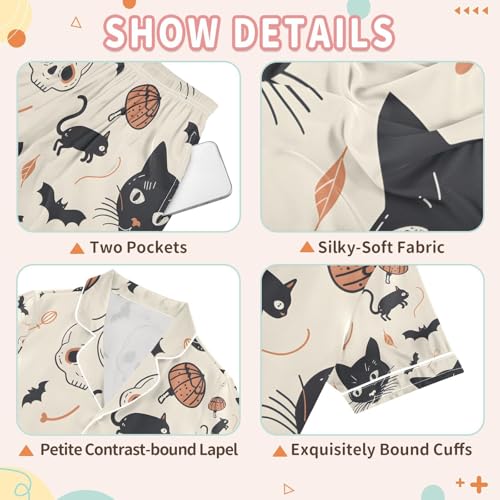 senya Cat and Skulls A Satin Summer Pajama Sets Silk Short Sleeve Button Down Sleepwear3