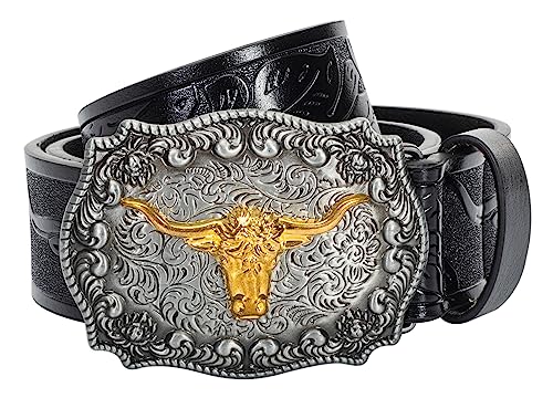 Genuine Leather Cowboy Belt for Women, Longhorn Bull Head Buckle, Floral Engraved Buckle
