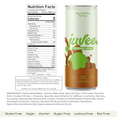 Juvee Rejuvenating Energy Drink. Sugar Free Energy Drinks. Taurine, Vitamin B12, Vitamin B6. 128 Mg Of Caffeine. L-Theanine For Mood Support. Panax Ginseng For Focus. Vitamin C For Immune Support. Gluten Free 12 Oz thumb #4
