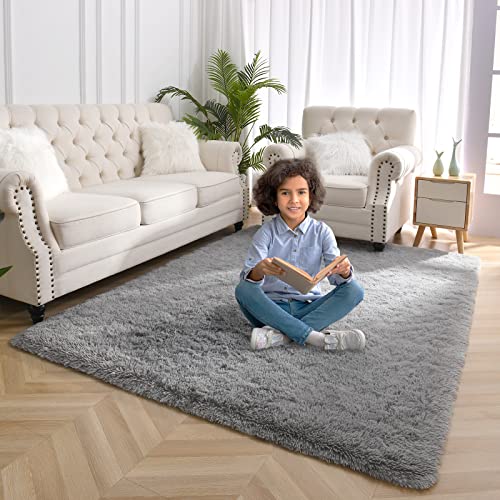 YJ.GWL Soft Fluffy Area Rugs for Bedroom Shaggy Living Room Rugs Nursery Girls Carpets Kids Home Decor Rugs 5.3 x 7.6 Feet Grey
