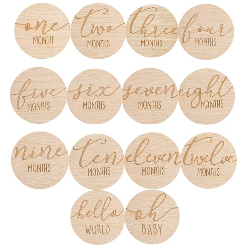 Image of Pearhead Wooden Monthly Milestone Photo Cards - 7 Double-Sided Engraved Discs for Baby Announcement and Milestones, Gender-Neutral Photo Props for Newborn Boy and Girl, Light Wood