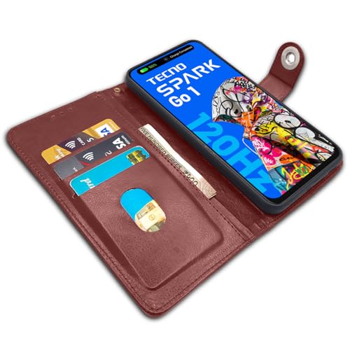 Image of Pikkme Flip Cover Leather Finish | Inside TPU with Card Pockets | Wallet Stand and Shock Proof | Complete Protection Button Flip Case for Tecno Spark Go 1 (Brown)