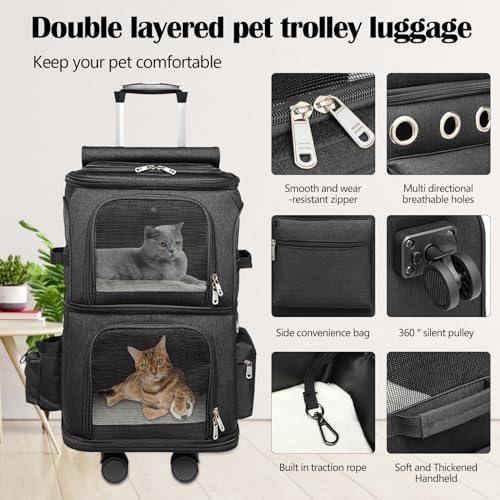 Katzenrucksack, Katzentrager Rucksack mit Zwei Fächern Haustier Hunde Katzen Rucksack Raumkapsel mit abnehmbaren Rädern Rucksack für 2 kleine Katzen Hunde und Kaninchen