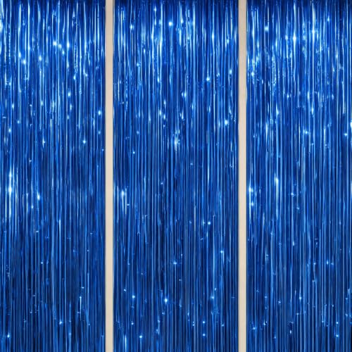 Image of DECOCKRAT 3 Pack Foil Fringe Backdrop - Royal Blue Shiny Tinsel Curtains for Party Decoration /Photo Booth Props - 3.3x8.2 FT Metallic Foil Backdrop for Birthday, Wedding, Graduation, Christmas.