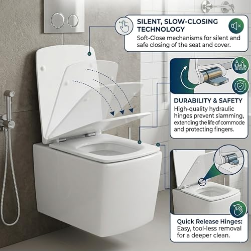 Image of Parryware HELIX Ceramic Wall Hung Western Commode for Bathroom | Rimless Washdown Flush Commode with UF Soft Closing Toilet Seat | Square Wall Mount Ewc | Space Saving | C8895