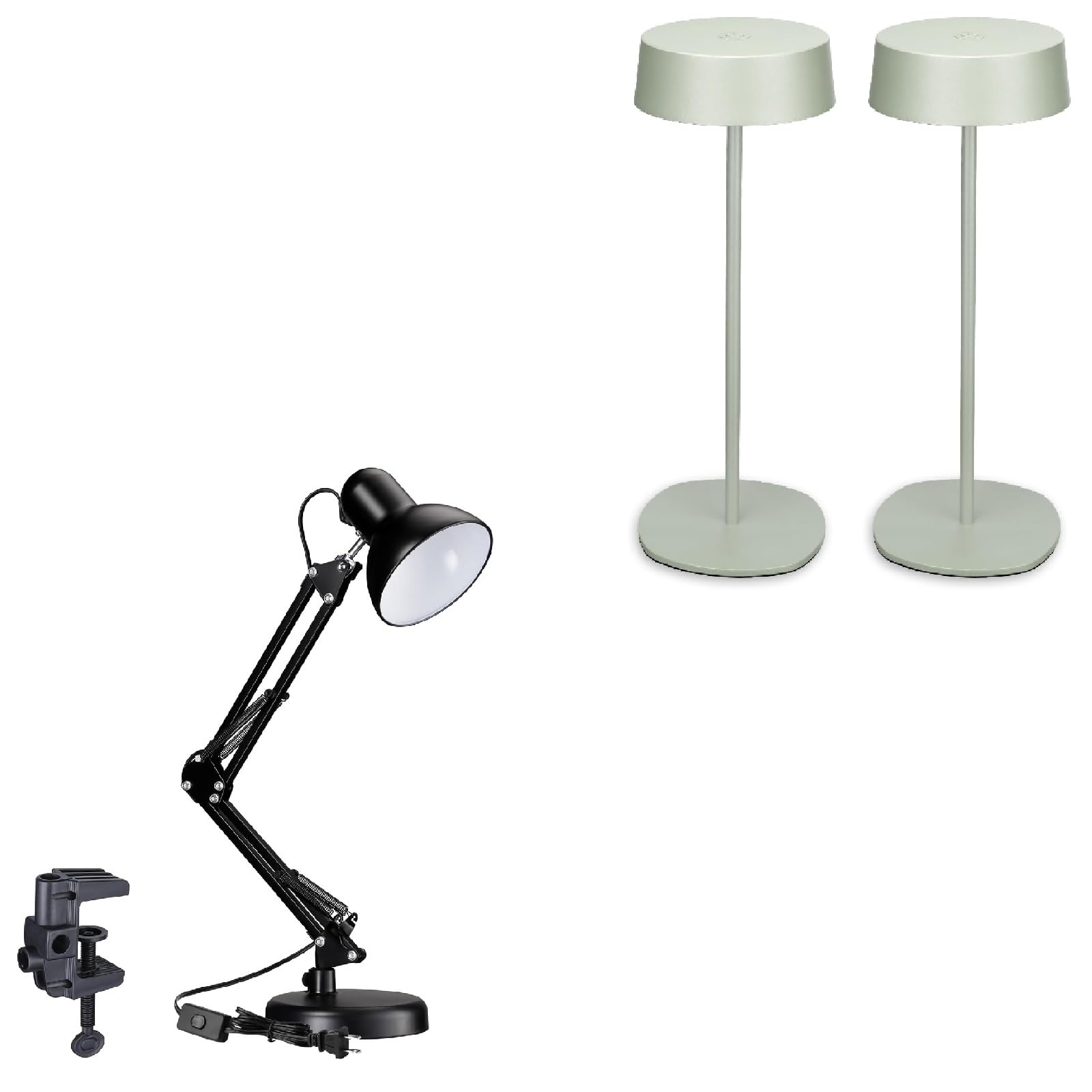 TORCHSTAR Metal Desk Lamp with Clamp, Swing Arm, E26, Multi-Joint, Black Bundle LED Cordless Table Lamp, Rechargeable Table Lamp, Dimmable, 4000mAh Battery Operated, 2700K, Green, Pack of 2