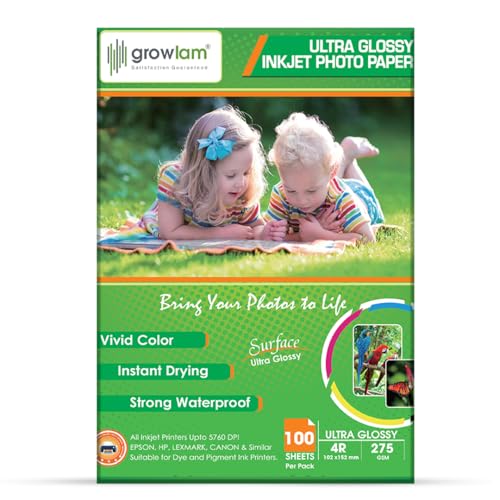Image of Growlam Ultra Glossy Photo Paper 275 GSM 4R Size Photo Paper- Water Proof, Instant Drying, 100 Sheets, Resin Coated, Compatible with Inkjet Printer (Pack of 1)