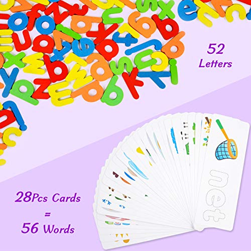 ABC Alphabet Puzzles for Kids 3-5 Years Old - Words Spelling Sorting& Stacking Toys for Preschool Toddlers - Vocabulary Learning Sight Words for Early Education (52 Letter Blocks + 28 Flashcards)