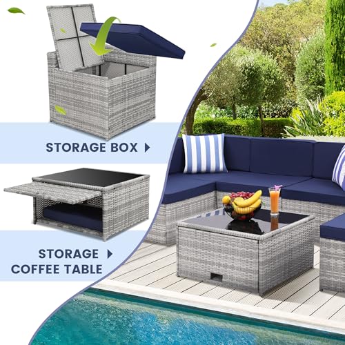 Image of KROFEM 8 Piece Patio Furniture Set, Outdoor Modular Conversation Set | UV Treated Wickers, Machine Washable Cushions, Seats 6, 2 Hidden Storage Compartments, Rustproof Frame, Waterproof, Blue