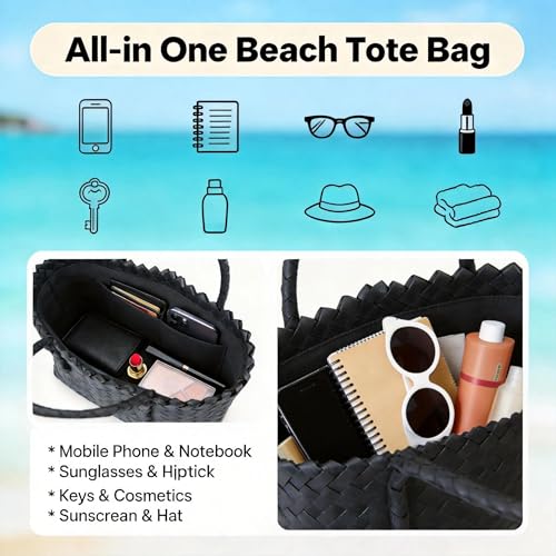 Bolso tote de paja, bolso grande para la playa, bolso tipo cesta bohemio cuadrado con asas de bambú (negro) miniatura 6