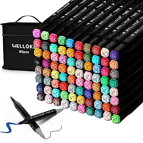 WELLOKB Dual Brush Tip Alcohol Markers Set 80 Vibrant Colors, NonToxic Art Supplies for Kids