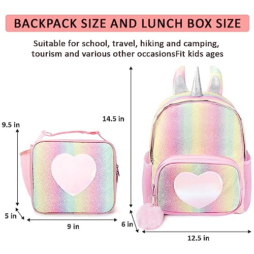 Hotfun Girls Backpack, Kids Backpack For Girls With Lunch Box Girls Rainbow Unicorn Backpack Sequin Glitter School Backpack Preschool Kindergarten Elementary School Bag For 4-8 Years Old Girl #TOP2
