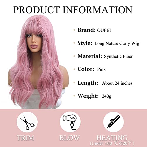 OUFEI 24 Inches Long Wavy Pink Wig for Women Natural Synthetic Hair Heat Resistant Wigs for Daily Party Cosplay Wear - Image 2