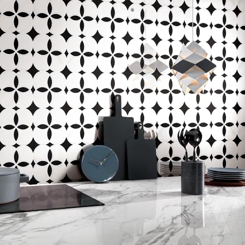 Anemone Flower Stone Mosaic Tile 5 Sheets Mixed Color Italian Gray Marble Stone Kitchen Backsplash Water Jet Mosaic Flooring Tile Interior for Kitchen Backsplash Wall 5 sq. ft. (Natural Black +White)