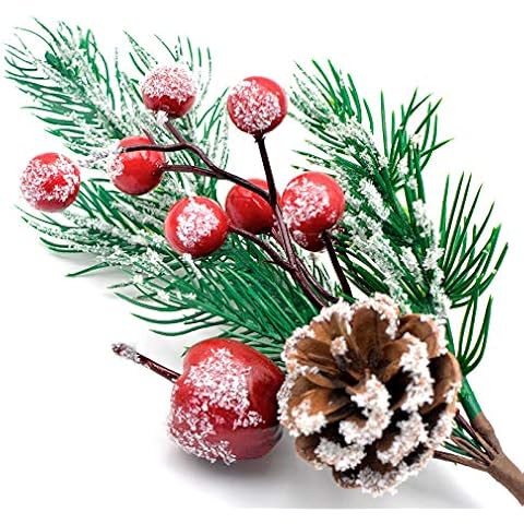 Artificial Pine Picks Floral Red Berry Stems Crafts for Christmas Wreath Tree Season Decorations ,Pack of 5(Xmas-B) Cover