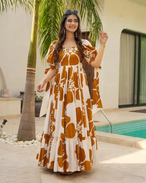 Image of Women Floral Printed Tiered Maxi Dress with Puff Sleeves, Empire Waist, Tie-Up Detail, Flared Long Dress for Casual Wear, Summer Outings, Vacation & Resort Wear - Causal Gown for Women